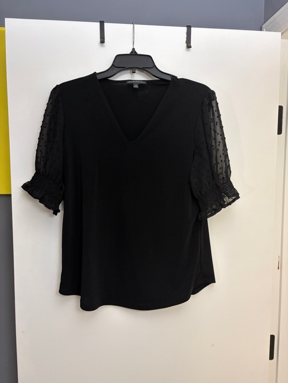 Adrianna Papell Black V-Neck Blouse with Dotted Puff Sleeves